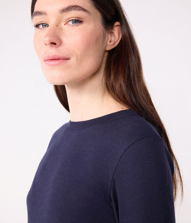 Tee-shirt femme l'iconique en laine et coton manches longues bleu marine