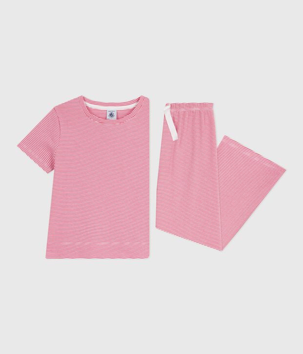 Pyjama enfant en coton manches courtes jambes larges &agrave; rayures rose/blanc