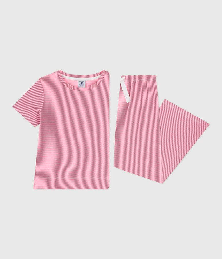 Pyjama enfant en coton manches courtes jambes larges &agrave; rayures rose PEONIA/ MARSHMALLOW