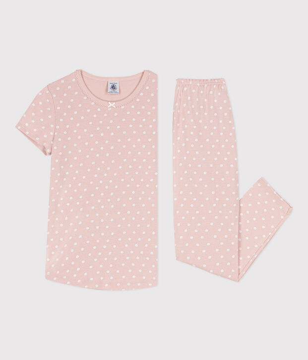Pyjama manches courtes &agrave; pois en coton petite fille rose/blanc