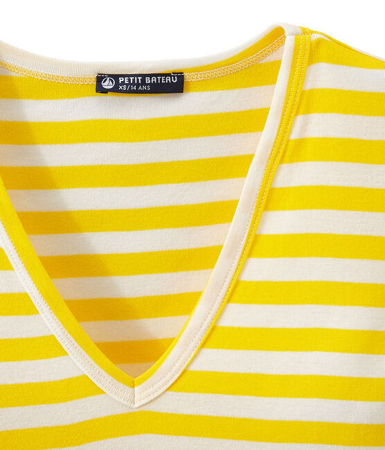 T-shirt femme col V en côte originale rayée jaune SHINE/blanc MARSHMALLOW