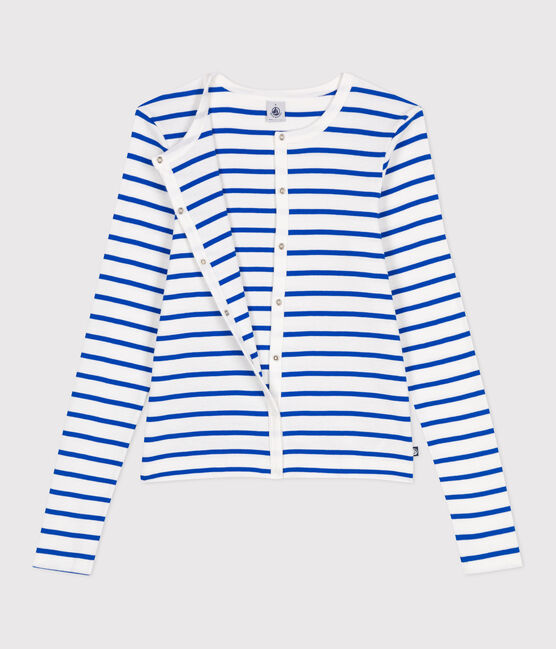 Cardigan femme en coton uni blanc MARSHMALLOW/bleu PERSE