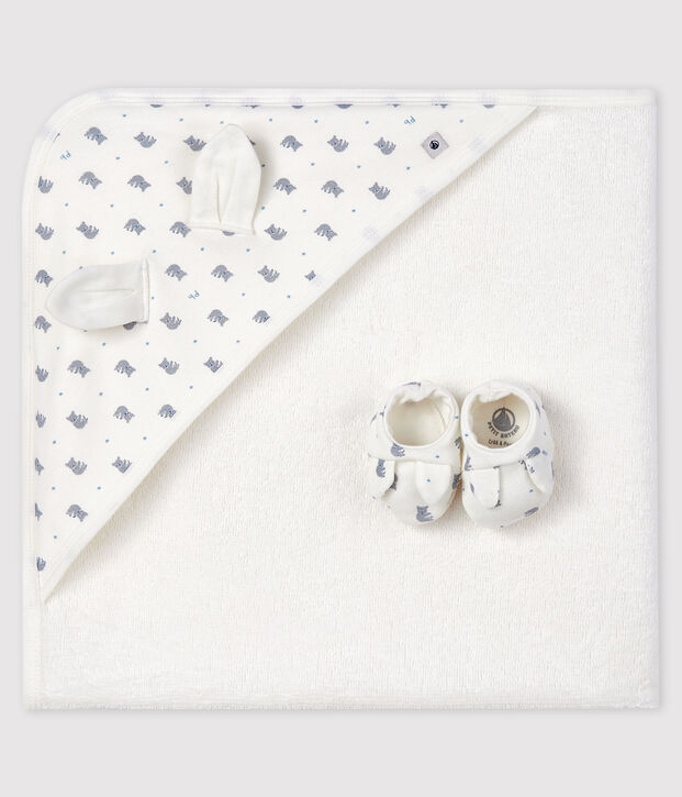 Coffret carr&eacute; de bain et chaussons b&eacute;b&eacute; en &eacute;ponge et coton biologique blanc/gris/multicouleur