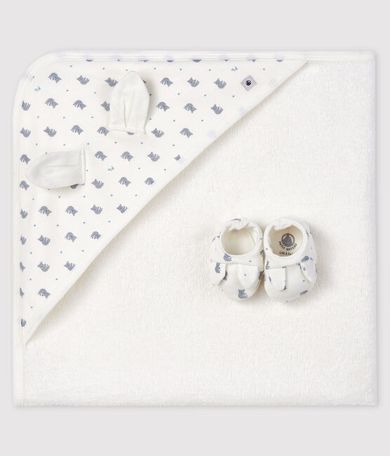 Coffret carré de bain et chaussons bébé en éponge et côte blanc MARSHMALLOW/gris GRIS/ MULTICO