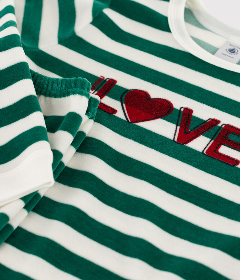 Pyjama  ray&eacute; en velours enfant vert/blanc