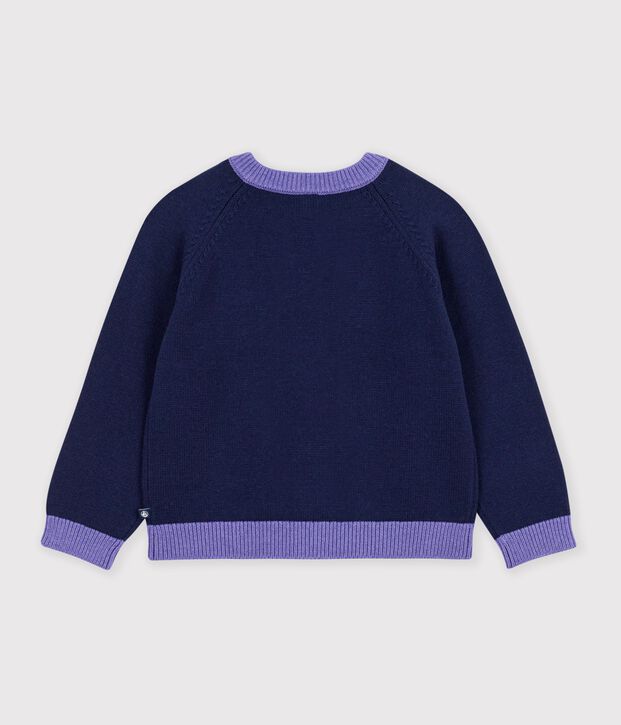Cardigan enfant en laine et coton uni bleu marine