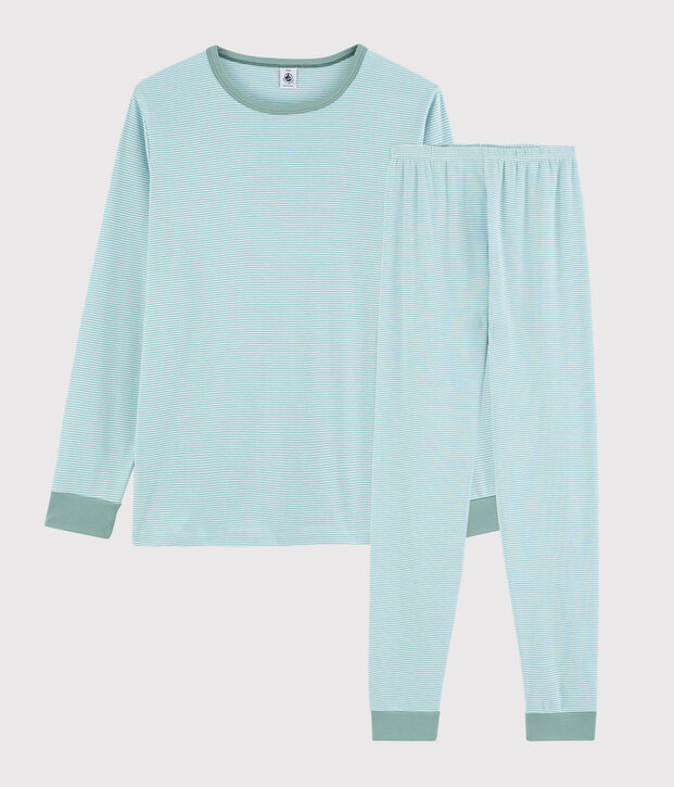 Pyjama ray&eacute; bleu mixte en c&ocirc;te bleu/blanc