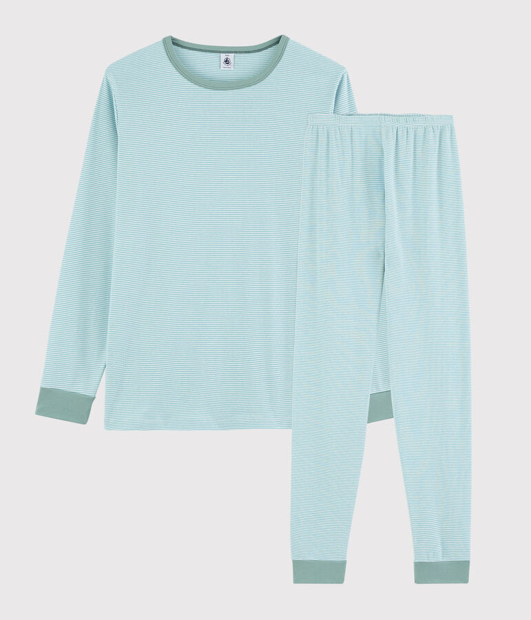 Pyjama ray&eacute; bleu mixte en c&ocirc;te bleu/blanc