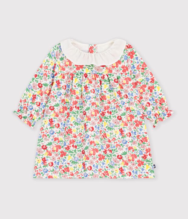Robe b&eacute;b&eacute; en coton manches longues imprim&eacute;e &agrave; fleurs blanc/multicouleur