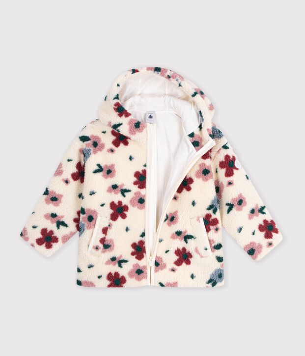 Veste &agrave; capuche enfant en sherpa &agrave; fleurs &eacute;cru/multicouleur