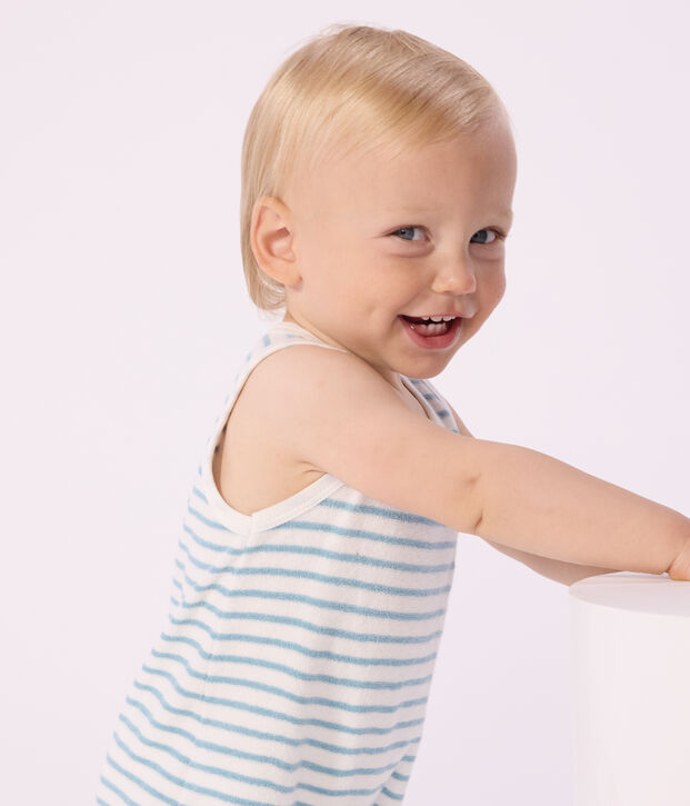 Combinaison courte sans manches b&eacute;b&eacute; en coton bouclette &eacute;ponge &agrave; rayures blanc/vert