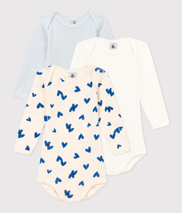 Lot de 3 bodies manches longues c&oelig;urs bleus b&eacute;b&eacute; en coton multicouleur