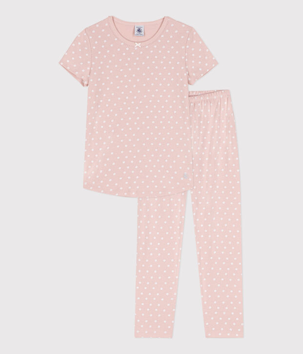 Pyjama manches courtes &agrave; pois en coton petite fille rose/blanc