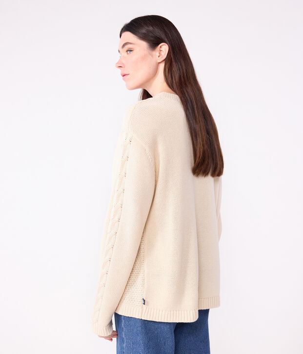 Pull femme en laine et coton torsad&eacute; uni &eacute;cru