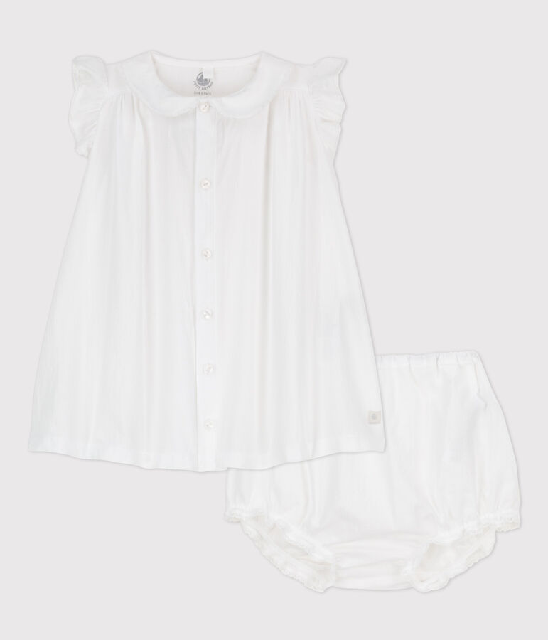 Robe blanche manches courtes avec bloomer b&eacute;b&eacute; fille en popeline de coton biologique blanc