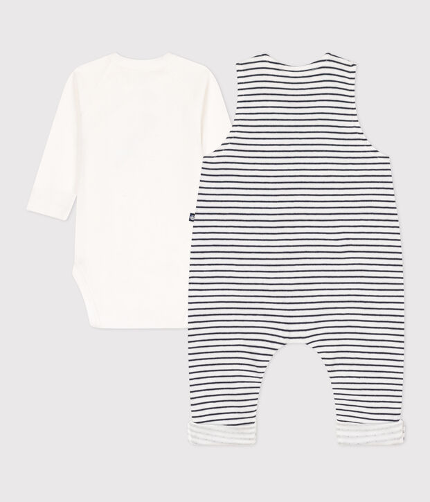 Ensemble combinaison et body en coton b&eacute;b&eacute; blanc/bleu