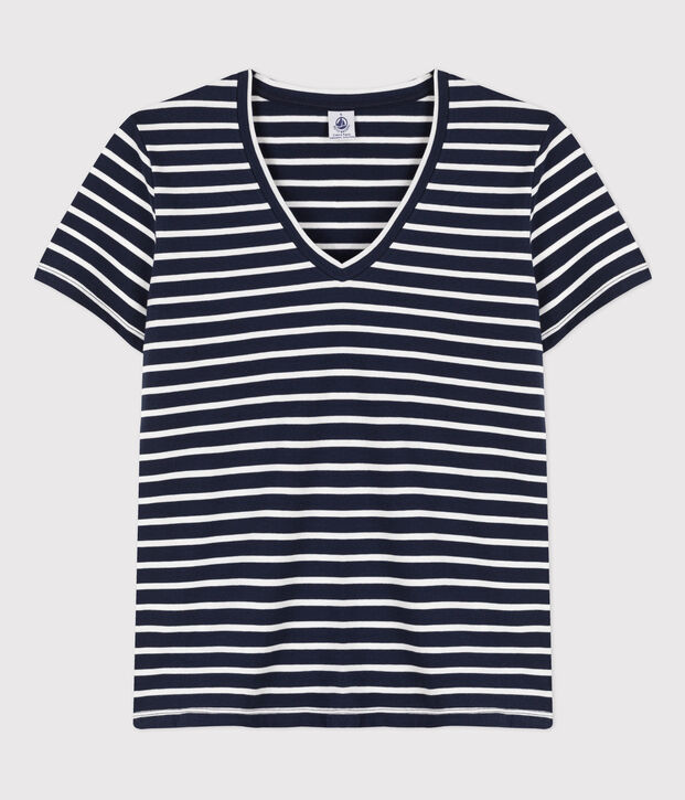 Tee-shirt LE DROIT col V en coton Femme bleu/blanc