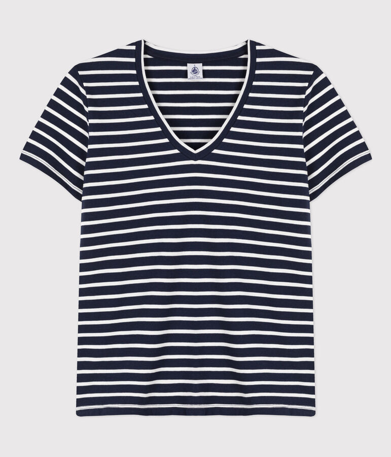 Tee-shirt LE DROIT col V en coton Femme bleu SMOKING/blanc MARSHMALLOW