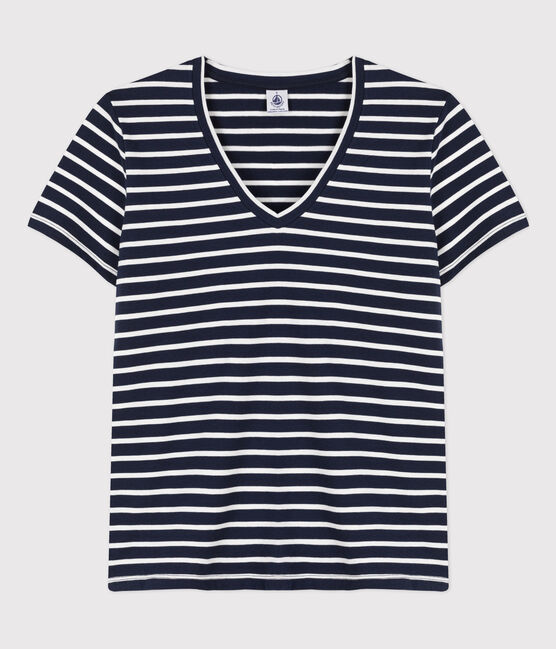 Tee-shirt LE DROIT col V en coton Femme bleu SMOKING/blanc MARSHMALLOW
