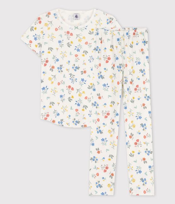 Pyjama manches courtes fleurs petite fille en coton blanc MARSHMALLOW/blanc MULTICO