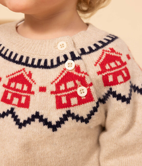 Pull jacquart en tricot laine et coton bébé beige MONTELIMAR/blanc MULTICO