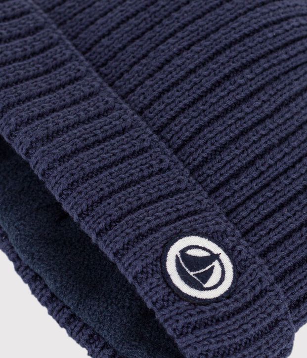 Bonnet b&eacute;b&eacute; en tricot doubl&eacute; en polaire bleu marine