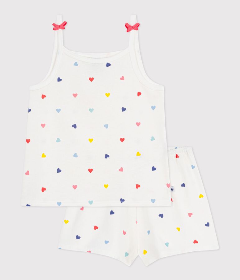 Pyjama short enfant en coton &agrave; bretelles imprim&eacute; c&oelig;urs blanc/multicouleur