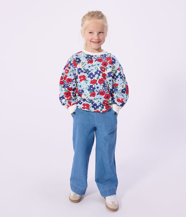 Sweatshirt enfant en coton imprim&eacute; fleurs blanc/multicouleur