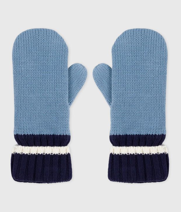 Moufles enfant en tricot doubl&eacute; en polaire bleu