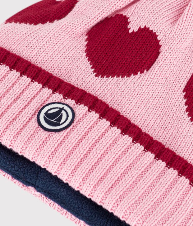 Bonnet enfant jacquard en tricot doubl&eacute; polaire rose/rouge