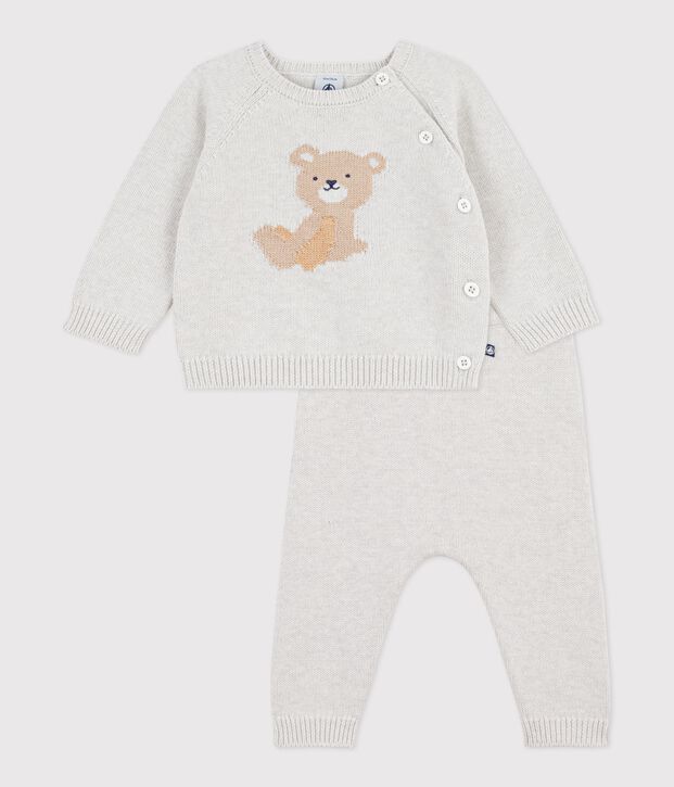 Ensemble 2 pi&egrave;ces b&eacute;b&eacute; en tricot laine et coton et motif ourson beige chin&eacute;