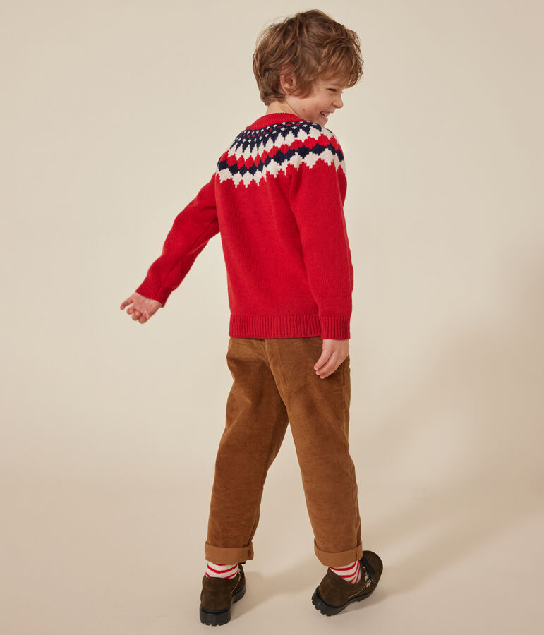 Pull jacquard laine et coton enfant gar&ccedil;on rouge STOP/ MULTICO