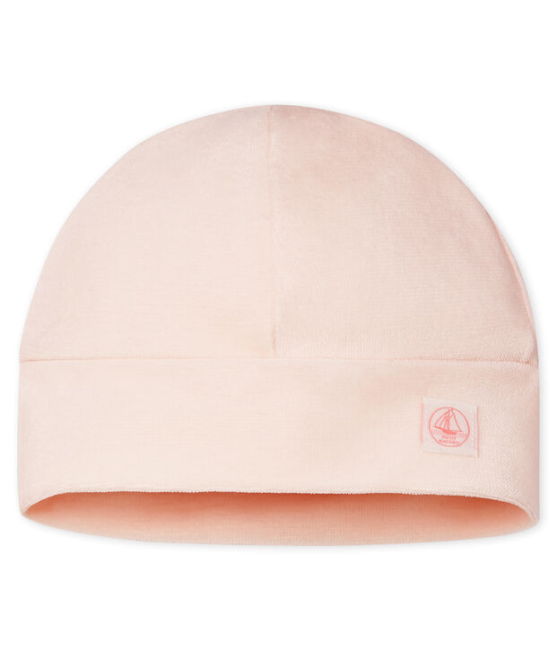 Bonnet naissance b&eacute;b&eacute; en velours rose clair