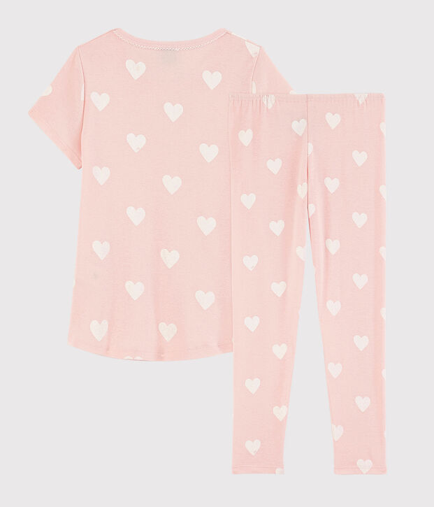 Pyjama rose &agrave; c&oelig;ur petite fille en coton biologique rose/blanc