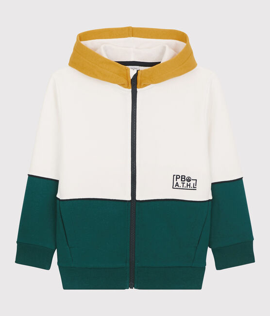 Sweatshirt à capuche en molleton enfant garçon blanc MARSHMALLOW/vert PINEDE