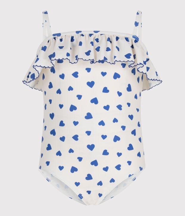Maillot de bain une pi&egrave;ce enfant imprim&eacute;e c&oelig;urs blanc/bleu