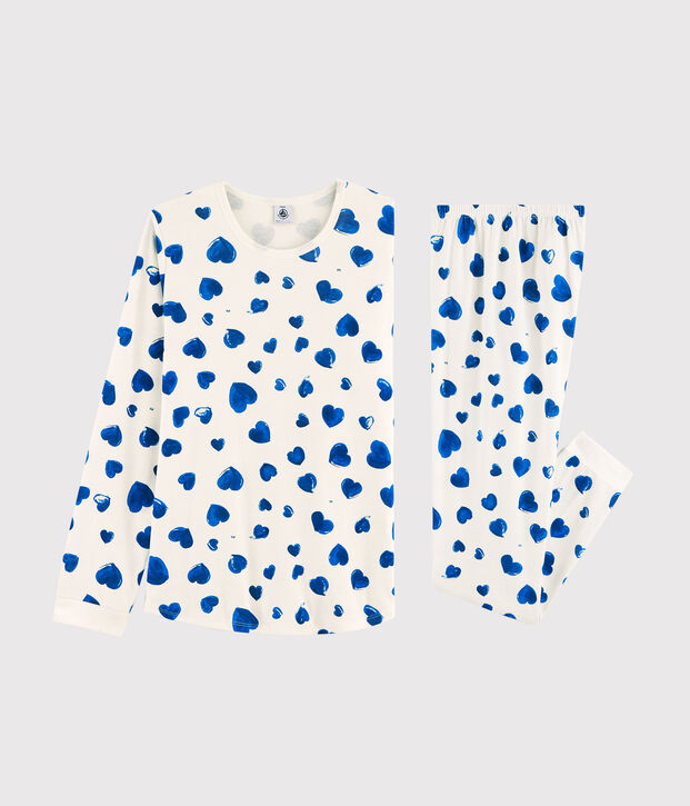 Pyjama fille / femme imprim&eacute; c&oelig;urs en c&ocirc;te blanc/bleu