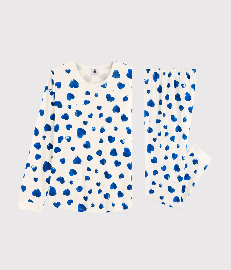 Pyjama fille / femme imprim&eacute; c&oelig;urs en c&ocirc;te blanc MARSHMALLOW/bleu BLEU