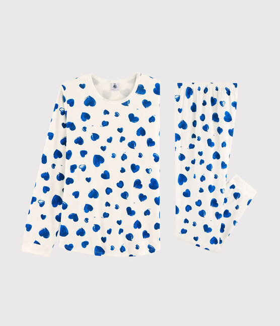 Pyjama fille / femme imprimé cœurs en côte blanc MARSHMALLOW/bleu BLEU