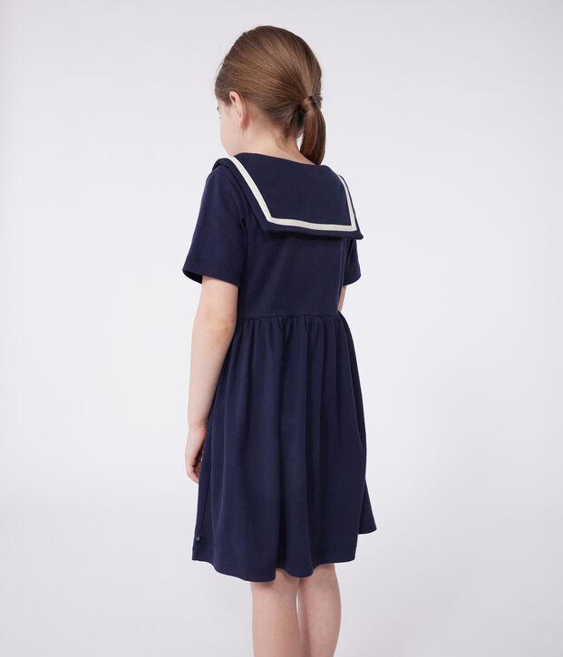 Robe enfant en coton manches courtes unie bleu