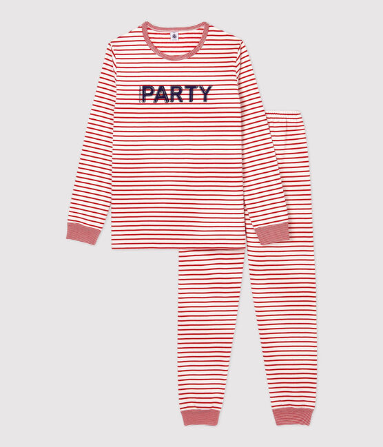 Pyjama marinière rouge fille/garçon en molleton blanc MARSHMALLOW/rouge TERKUIT