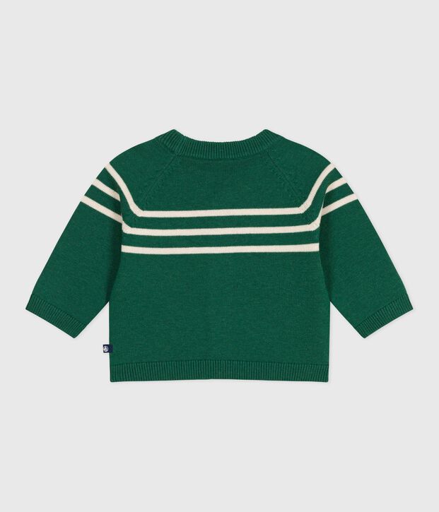 Cardigan b&eacute;b&eacute; en tricot laine et coton ray&eacute; vert/&eacute;cru