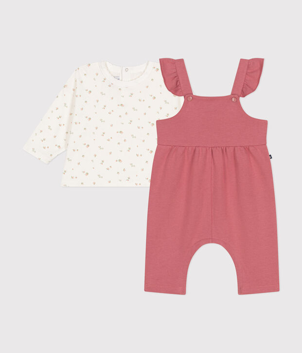 Ensemble salopette en molleton et tee-shirt en coton b&eacute;b&eacute; rose/multicouleur