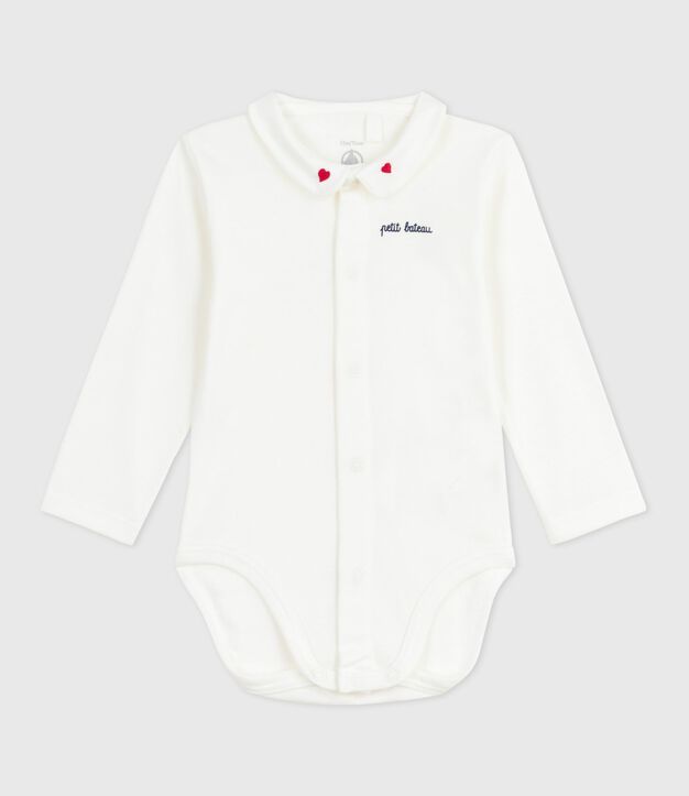 Body b&eacute;b&eacute; &agrave; col brod&eacute; en coton uni blanc/rouge