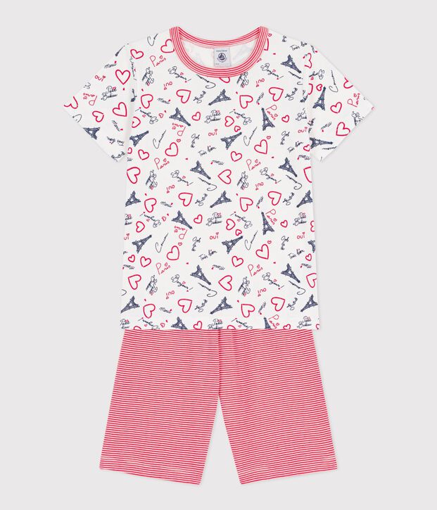 Pyjama short long enfant en coton imprim&eacute; Paris blanc/multicouleur