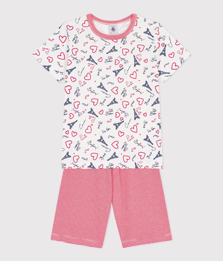 Pyjama short long enfant en coton imprim&eacute; Paris blanc MARSHMALLOW/blanc MULTICO