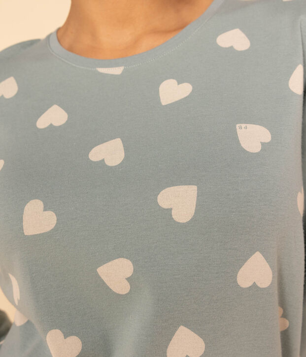 Pyjama c&oelig;ur femme en coton vert/&eacute;cru