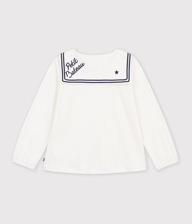 Blouse enfant en coton &agrave; col manches longues unie blanc