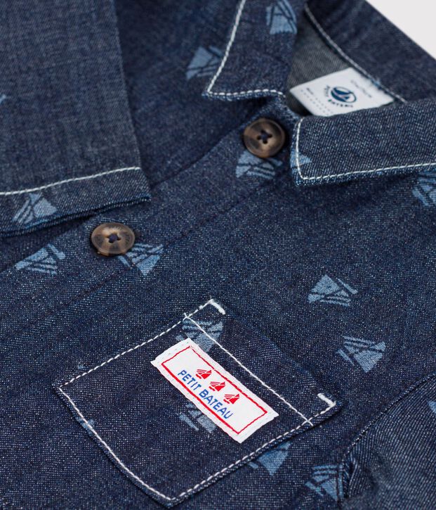 Combinaison longue b&eacute;b&eacute; en denim imprim&eacute; bateaux bleu/&eacute;cru