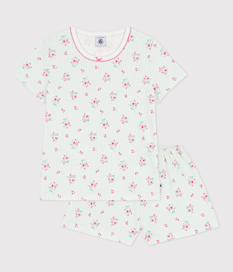 Pyjama short enfant en coton imprim&eacute; fleuri blanc MARSHMALLOW/blanc MULTICO
